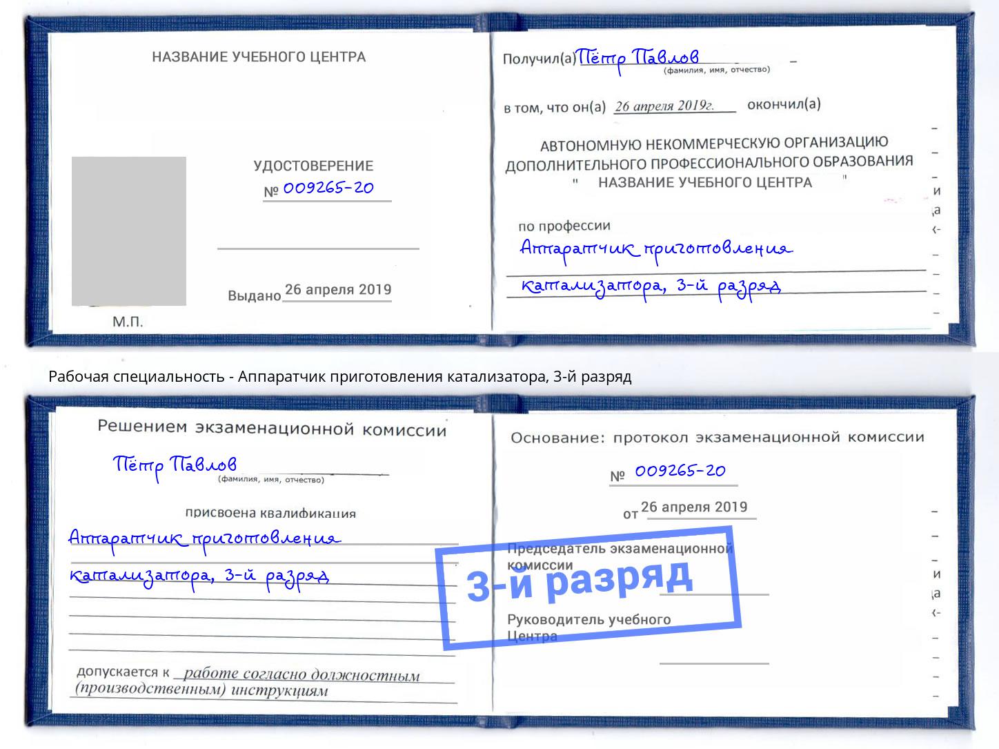 корочка 3-й разряд Аппаратчик приготовления катализатора Будённовск