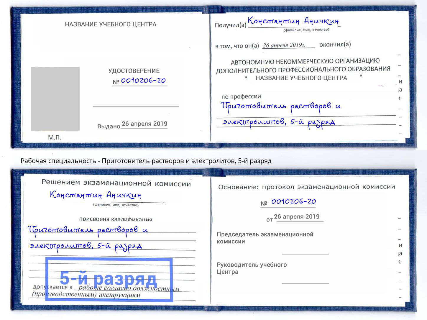 корочка 5-й разряд Приготовитель растворов и электролитов Будённовск