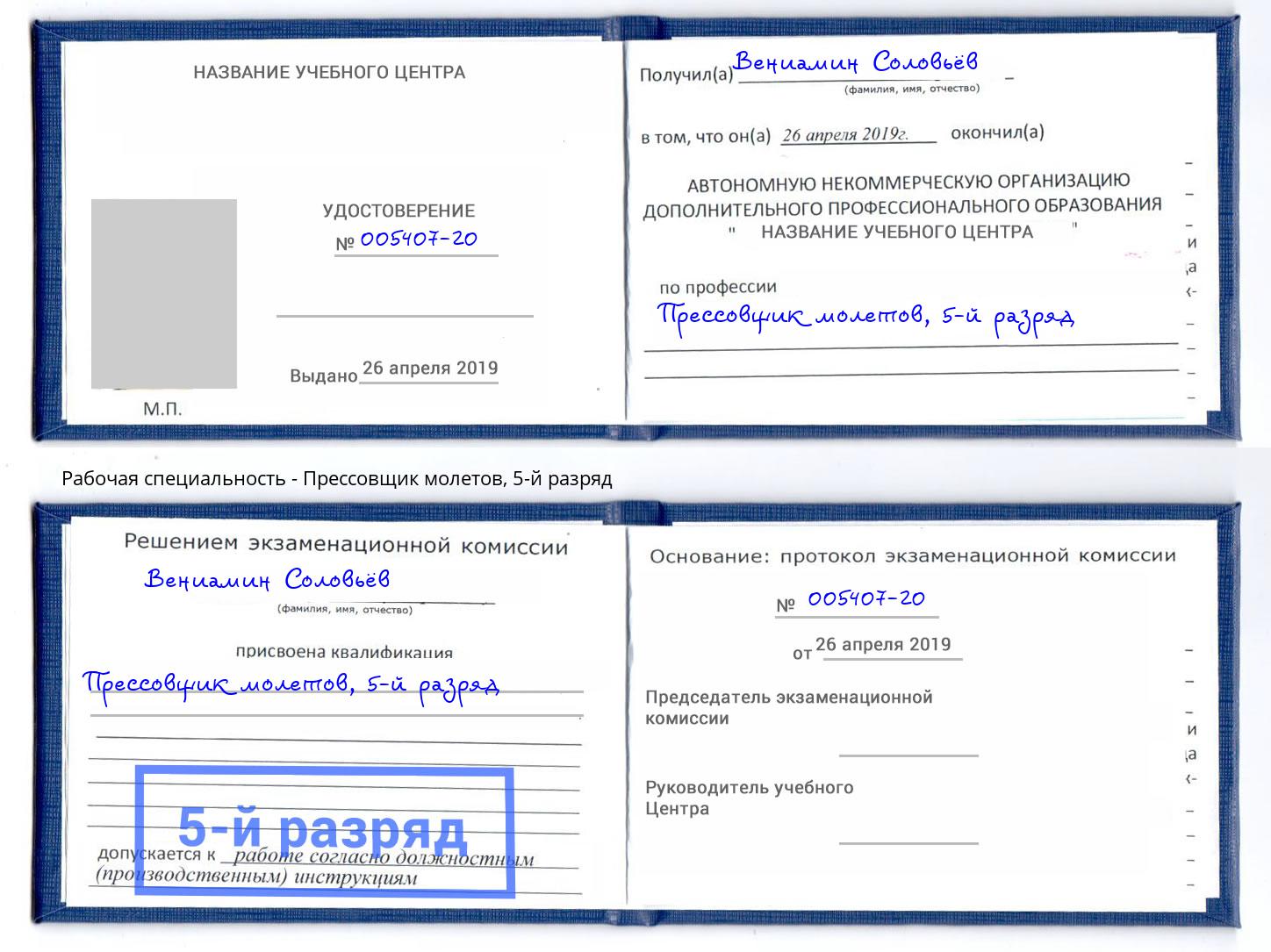 корочка 5-й разряд Прессовщик молетов Будённовск