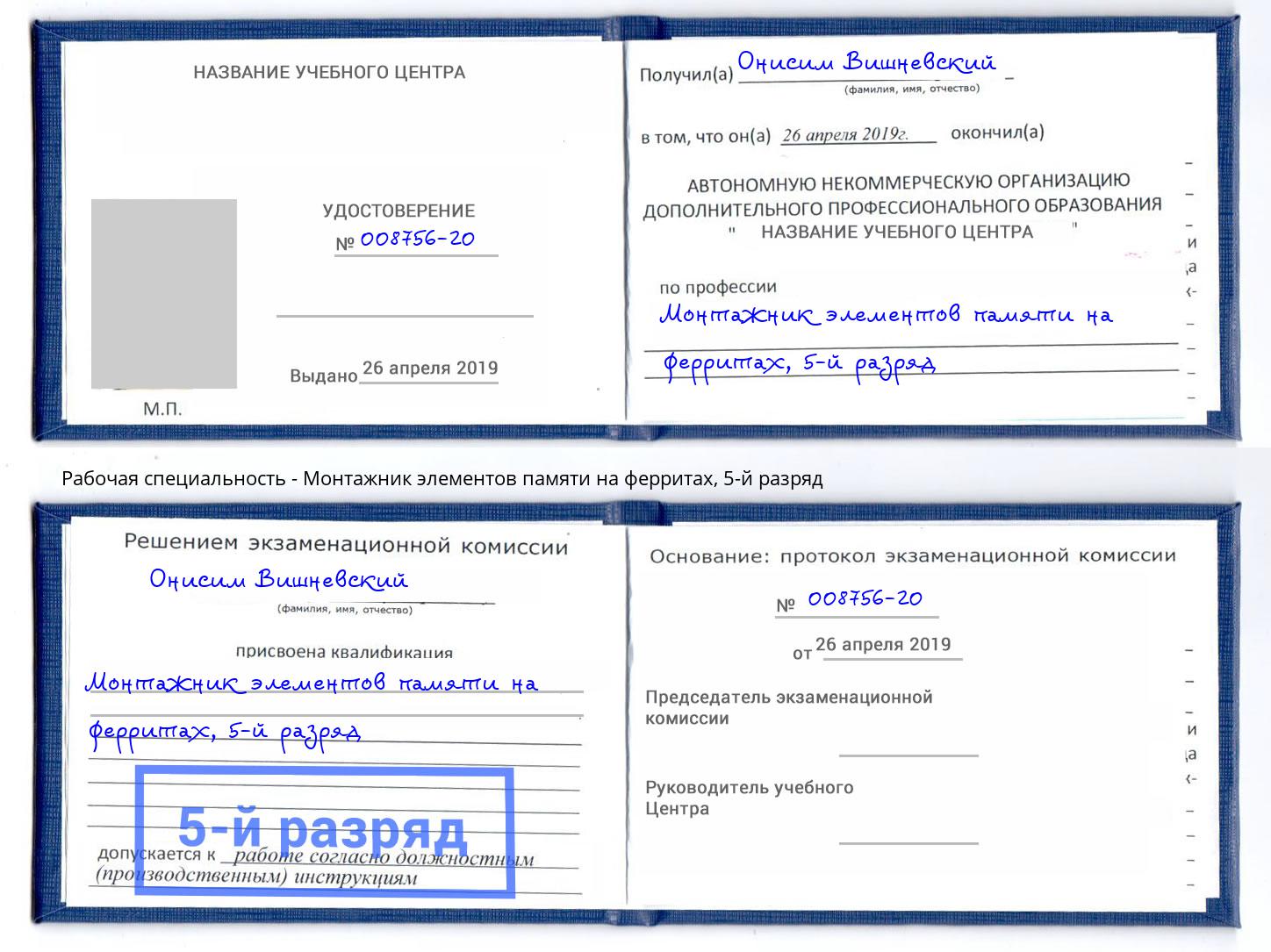корочка 5-й разряд Монтажник элементов памяти на ферритах Будённовск