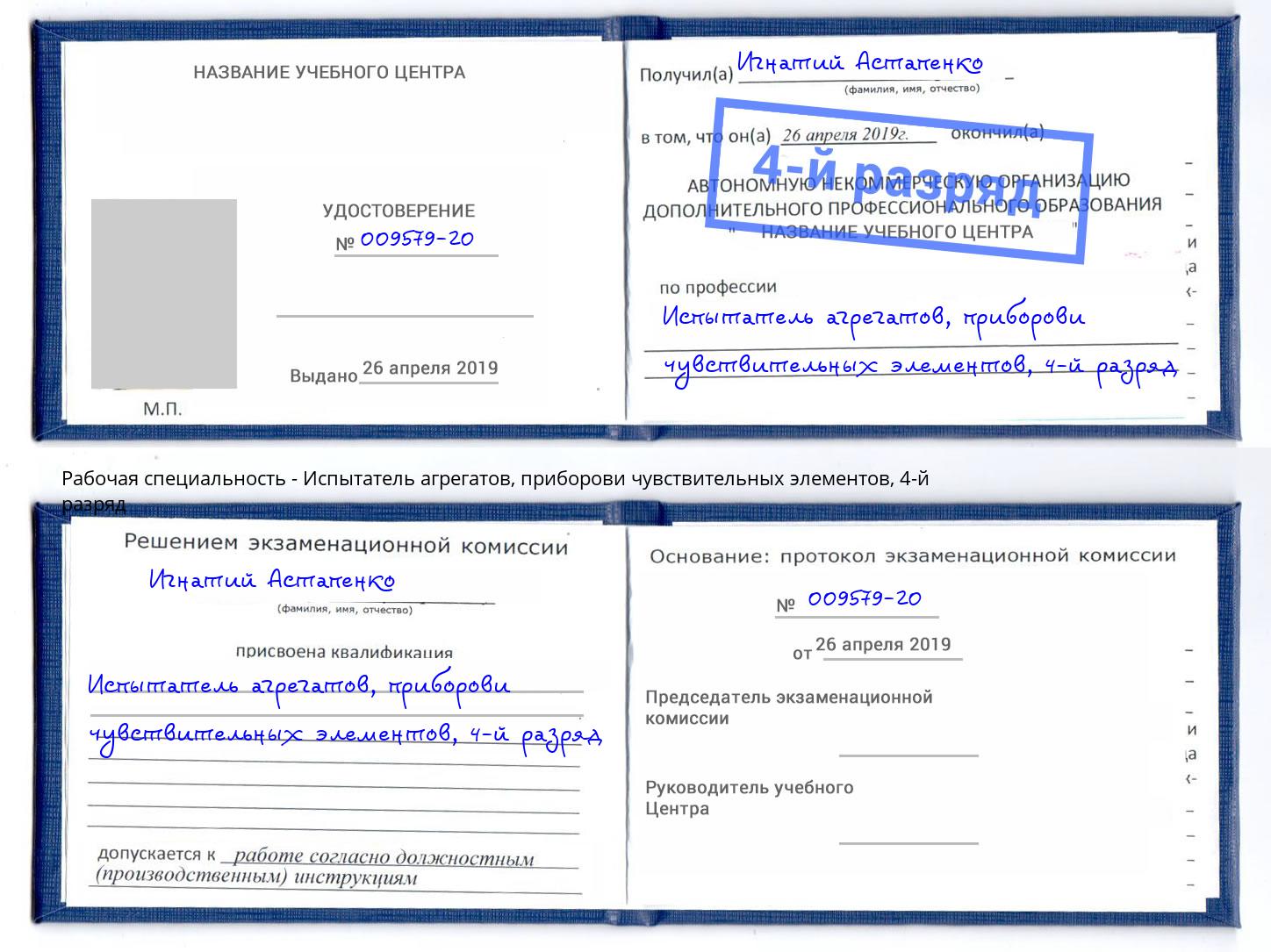 корочка 4-й разряд Испытатель агрегатов, приборови чувствительных элементов Будённовск