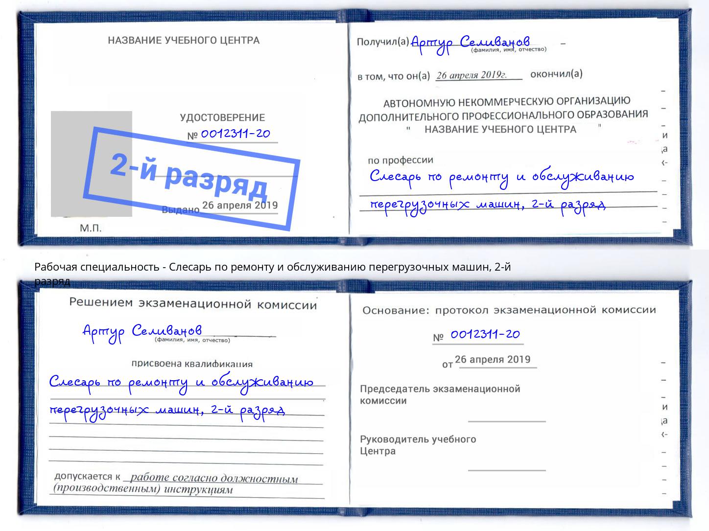 корочка 2-й разряд Слесарь по ремонту и обслуживанию перегрузочных машин Будённовск