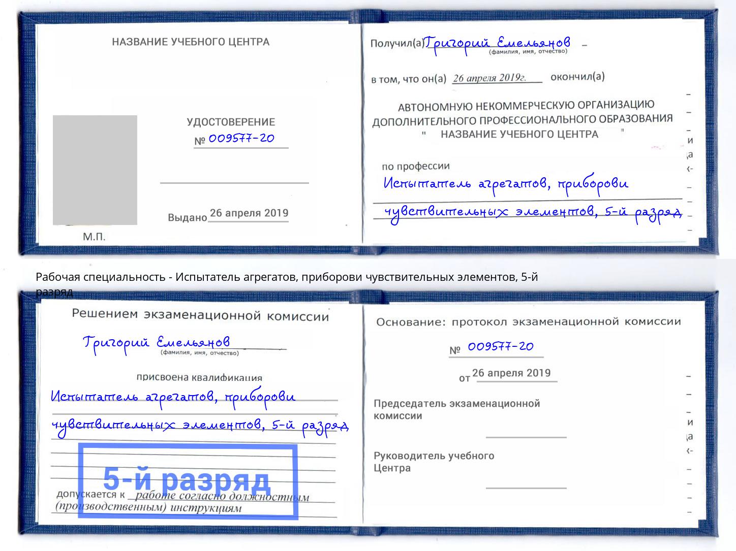 корочка 5-й разряд Испытатель агрегатов, приборови чувствительных элементов Будённовск