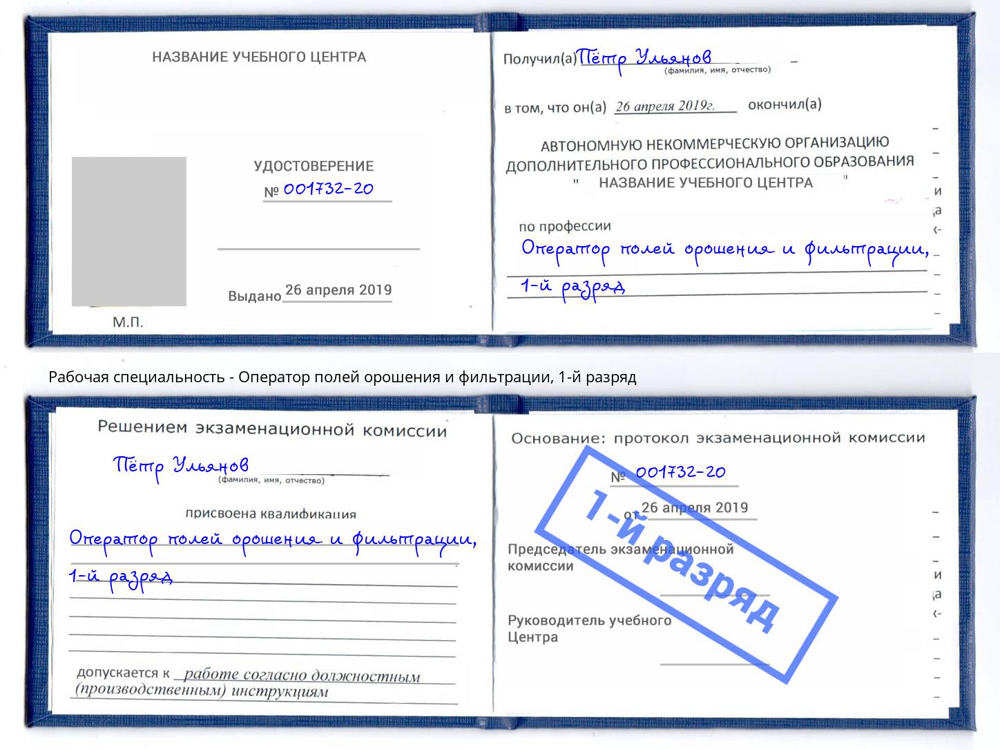 корочка 1-й разряд Оператор полей орошения и фильтрации Будённовск