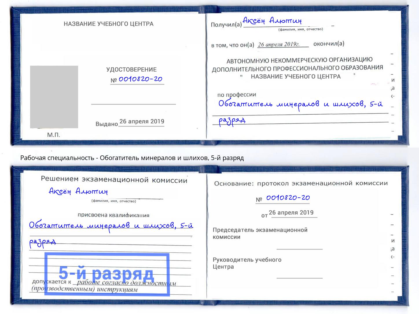 корочка 5-й разряд Обогатитель минералов и шлихов Будённовск