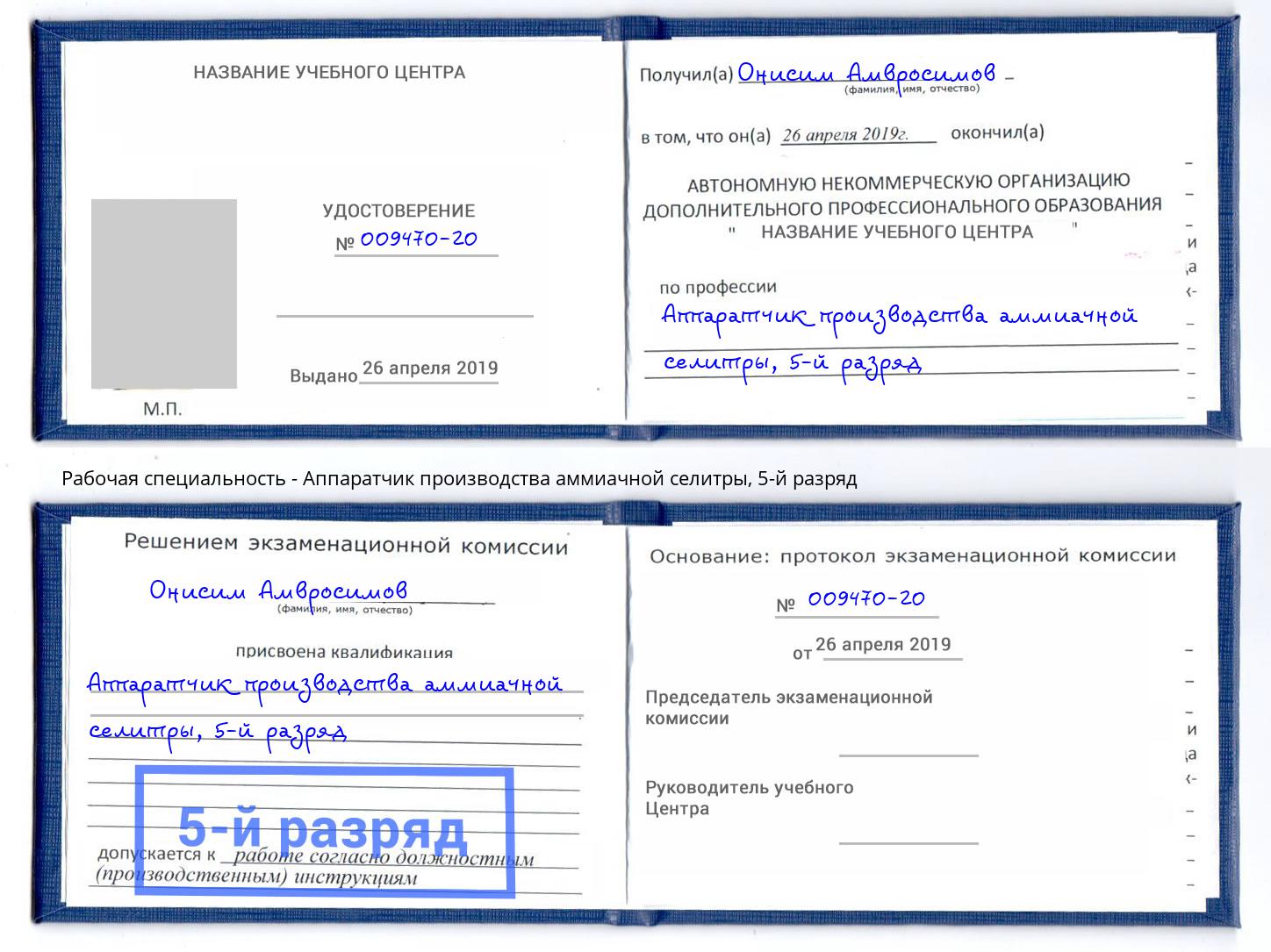 корочка 5-й разряд Аппаратчик производства аммиачной селитры Будённовск