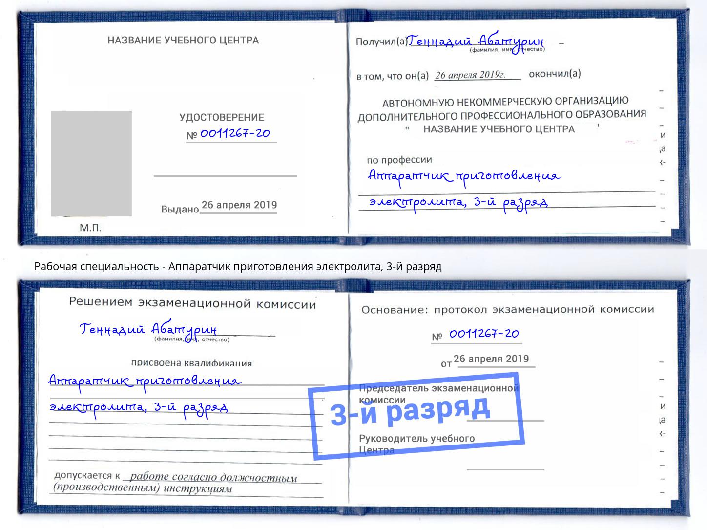 корочка 3-й разряд Аппаратчик приготовления электролита Будённовск