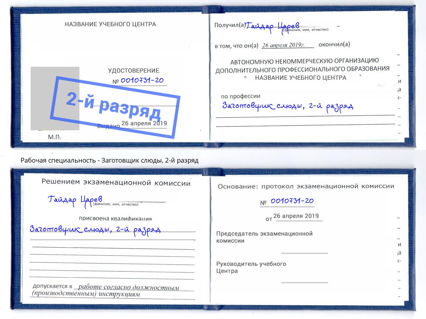 корочка 2-й разряд Заготовщик слюды Будённовск