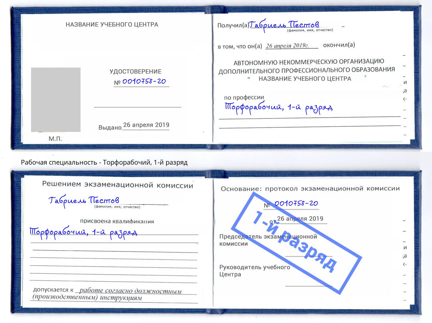 корочка 1-й разряд Торфорабочий Будённовск