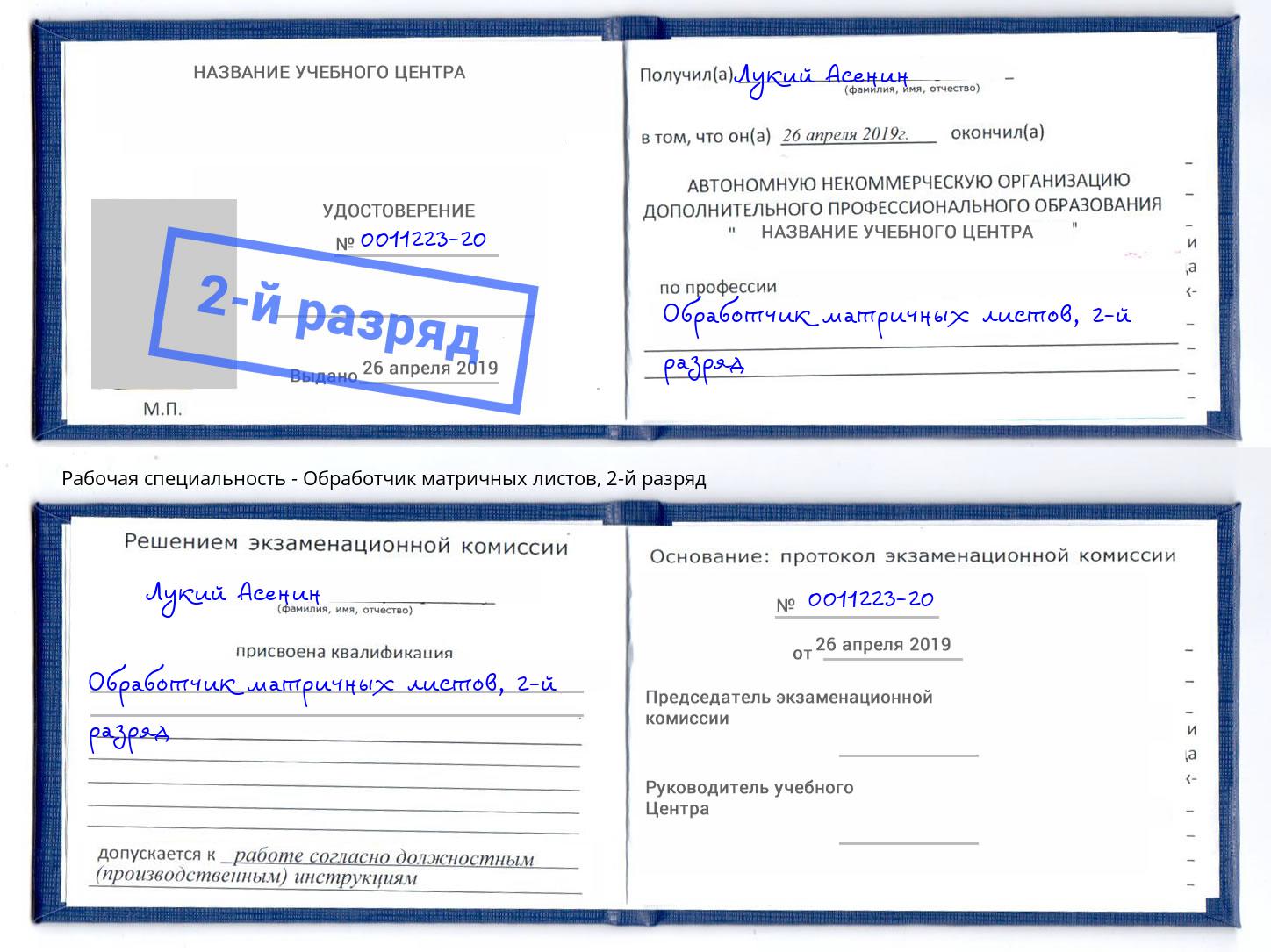 корочка 2-й разряд Обработчик матричных листов Будённовск