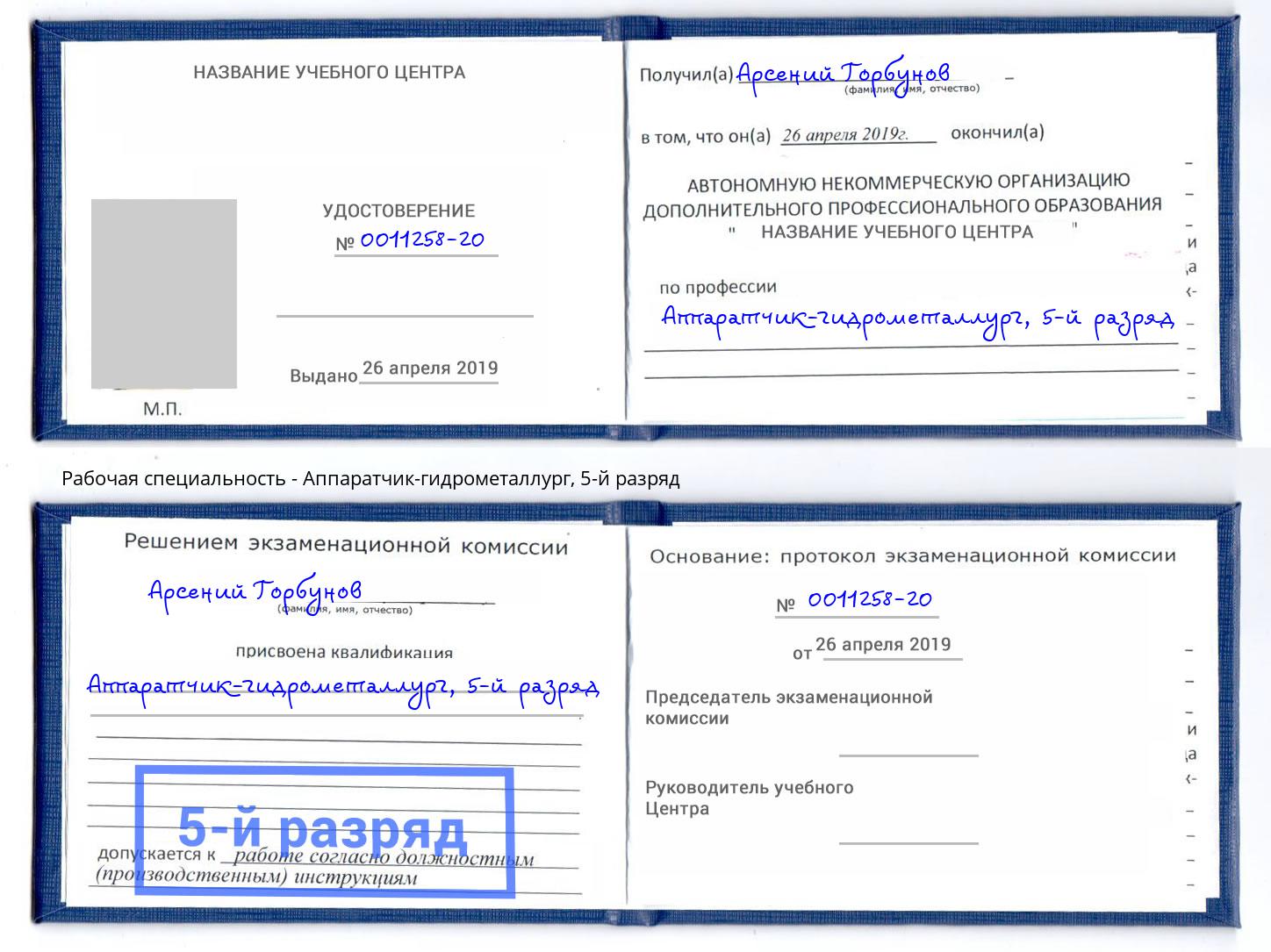 корочка 5-й разряд Аппаратчик-гидрометаллург Будённовск