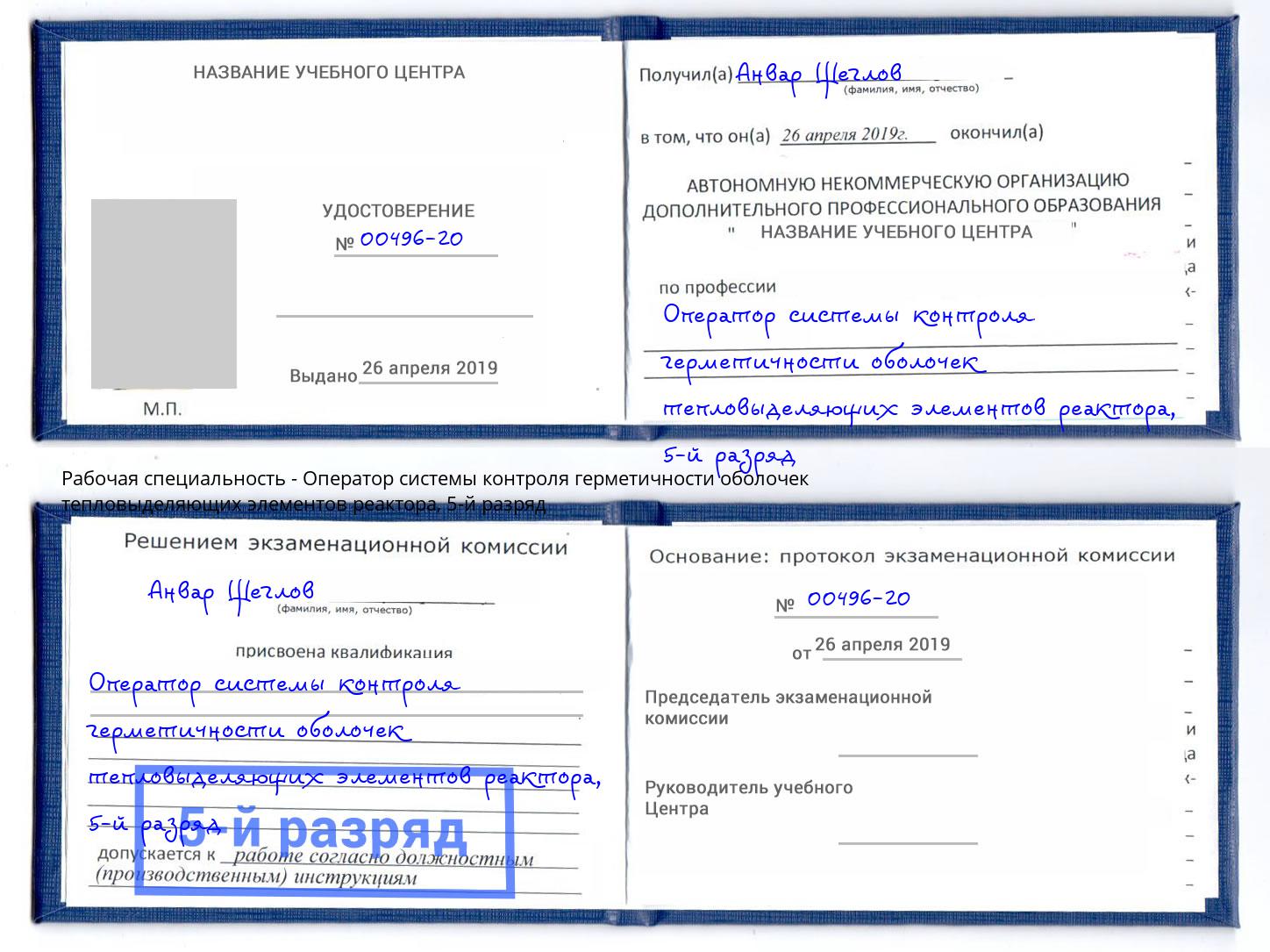 корочка 5-й разряд Оператор системы контроля герметичности оболочек тепловыделяющих элементов реактора Будённовск