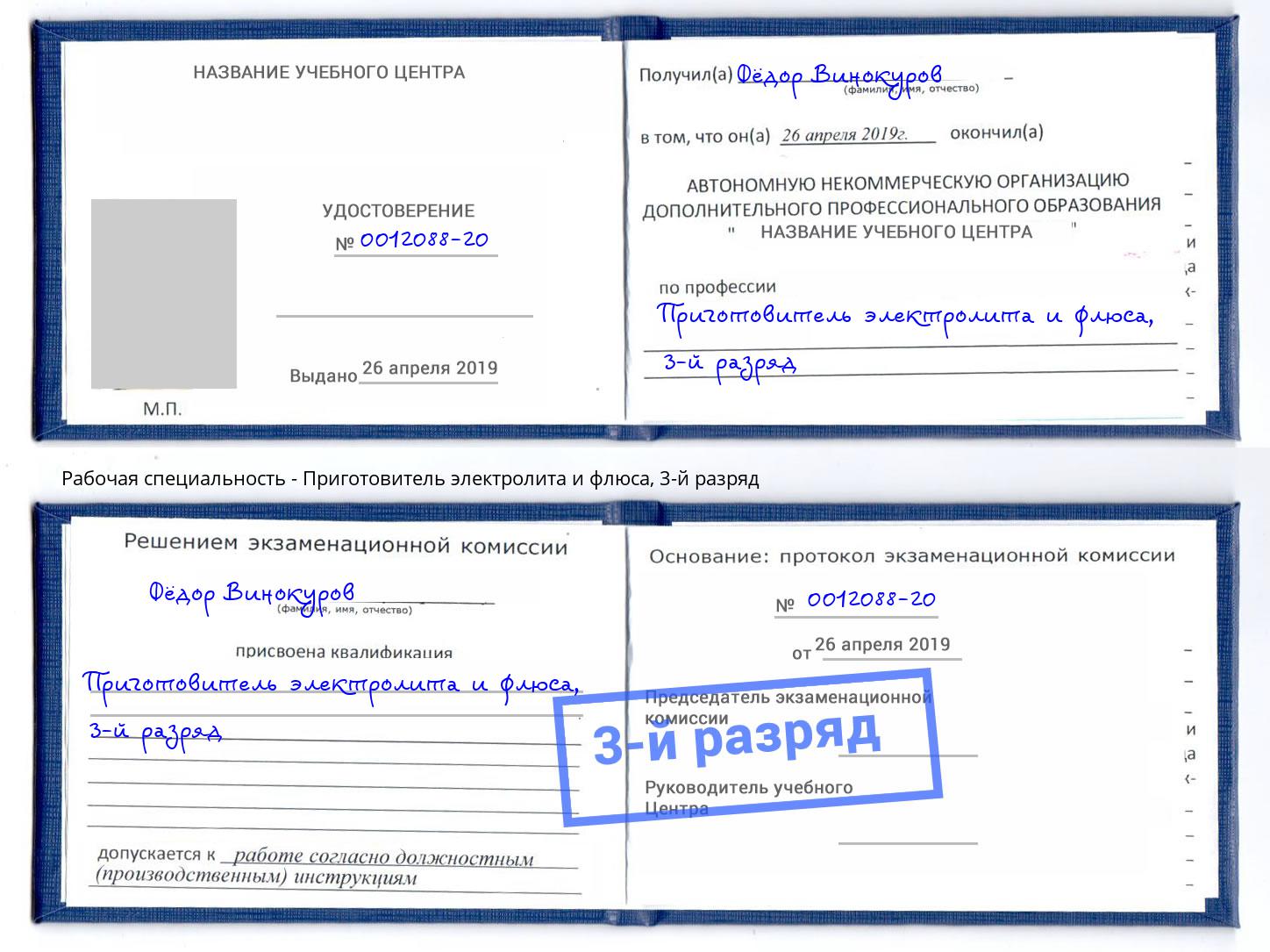 корочка 3-й разряд Приготовитель электролита и флюса Будённовск