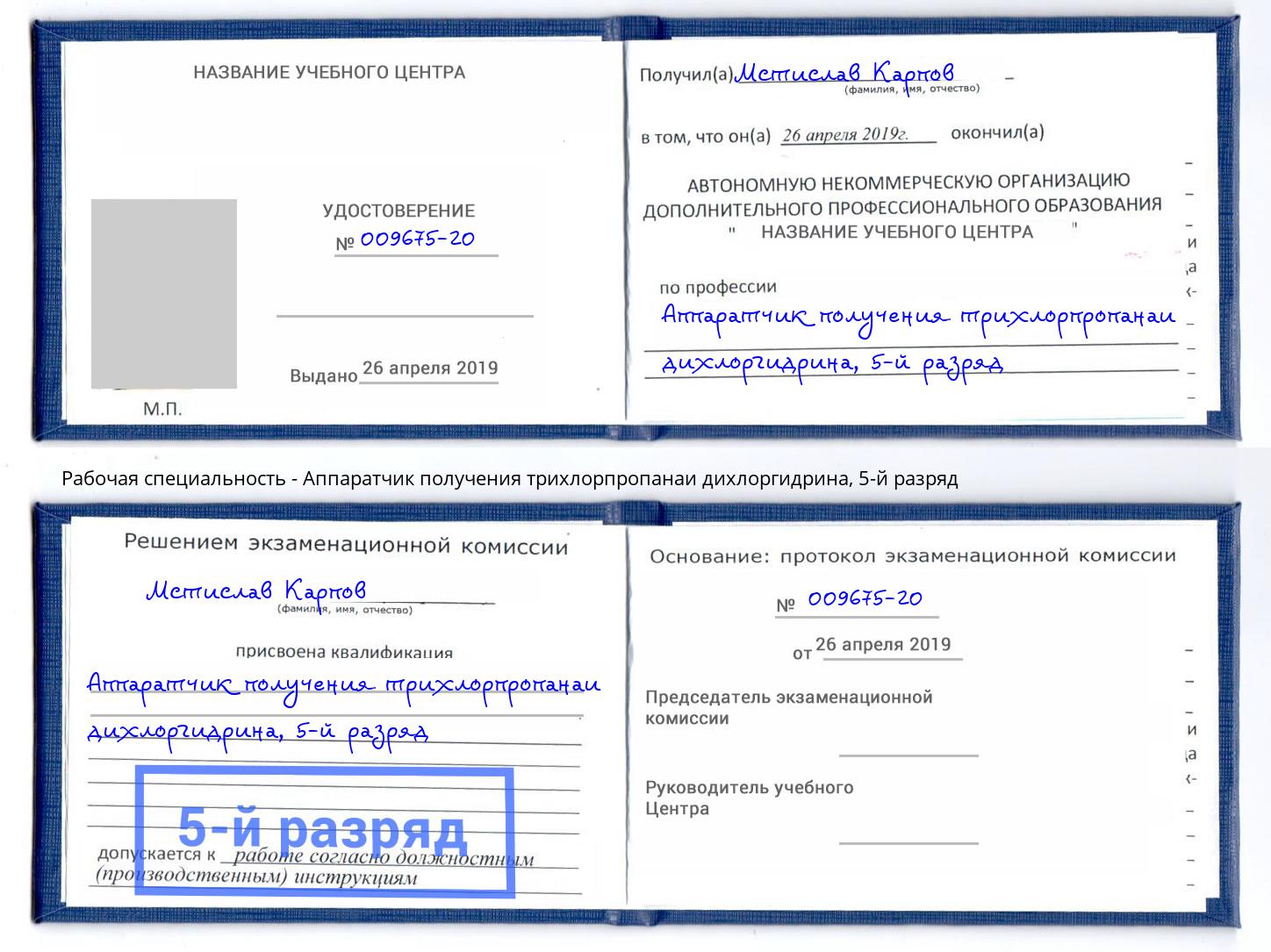 корочка 5-й разряд Аппаратчик получения трихлорпропанаи дихлоргидрина Будённовск