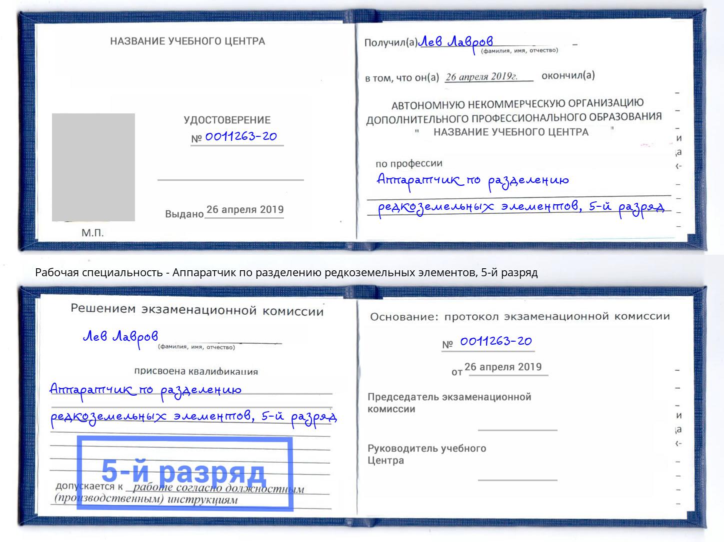 корочка 5-й разряд Аппаратчик по разделению редкоземельных элементов Будённовск