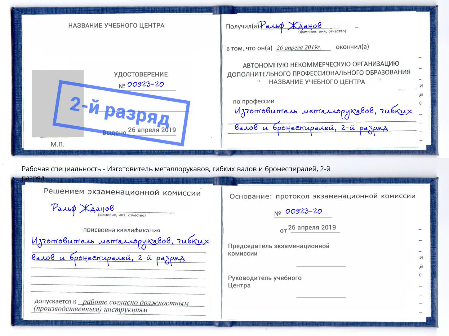 корочка 2-й разряд Изготовитель металлорукавов, гибких валов и бронеспиралей Будённовск